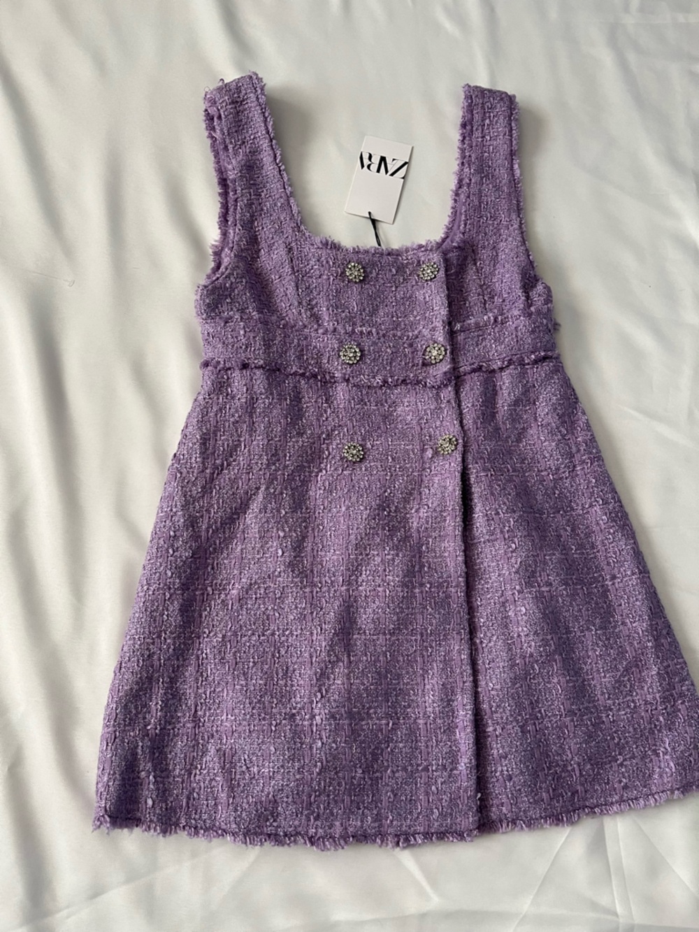 ZARA Lilac Bouclé Dress with Rhinestone Buttons